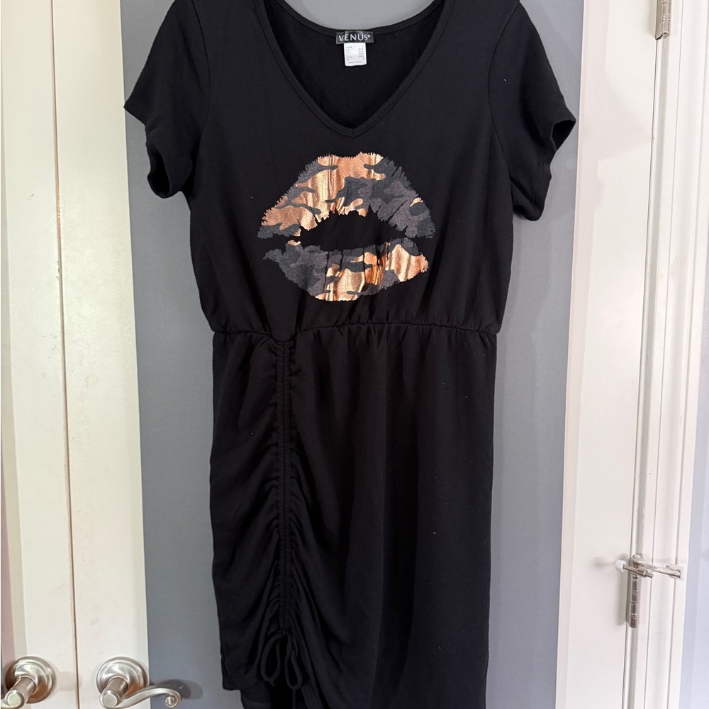 VENUS Black Mini Dress with Gold Lip Design
